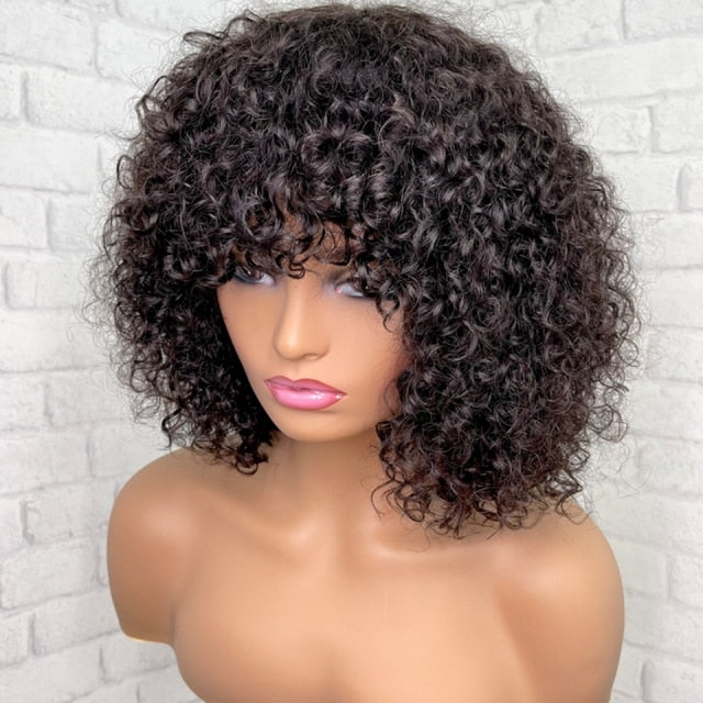 Curly Short Pixie Cut Bob Human Hair Wig With Bangs Non Lace Front Wigs For Black Women Brazilian Remy PrePlucked With Baby Hair