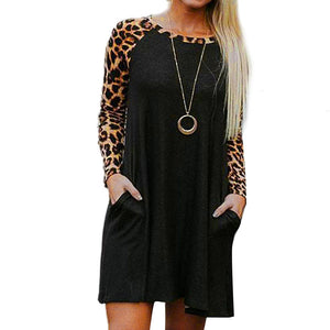 Women Leopard Print Casual Long Sleeve Evening Party Mini Dress