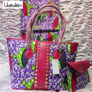 Women Leather Patchwork Handbag Set African Wax Prints Fabric F805-29