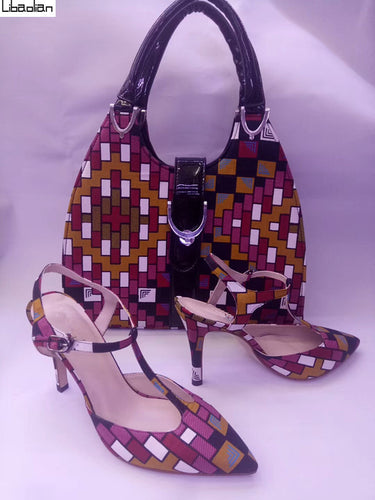 African women super wax hollandias fabric handbag and high heel shoes
