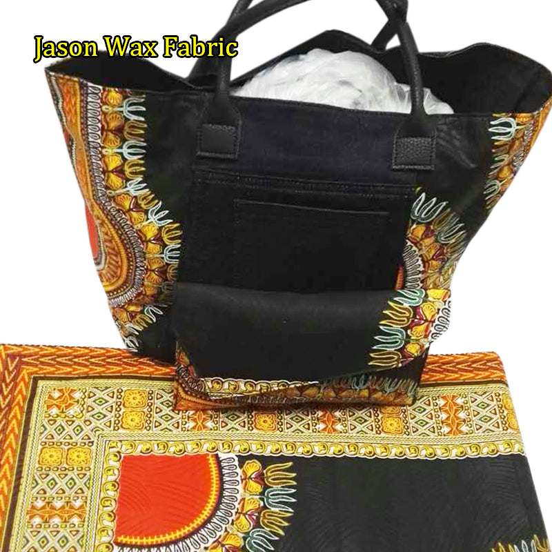African Black Wax Prints Handbag & 6yards Matching African Wax Prints Fabric XFP